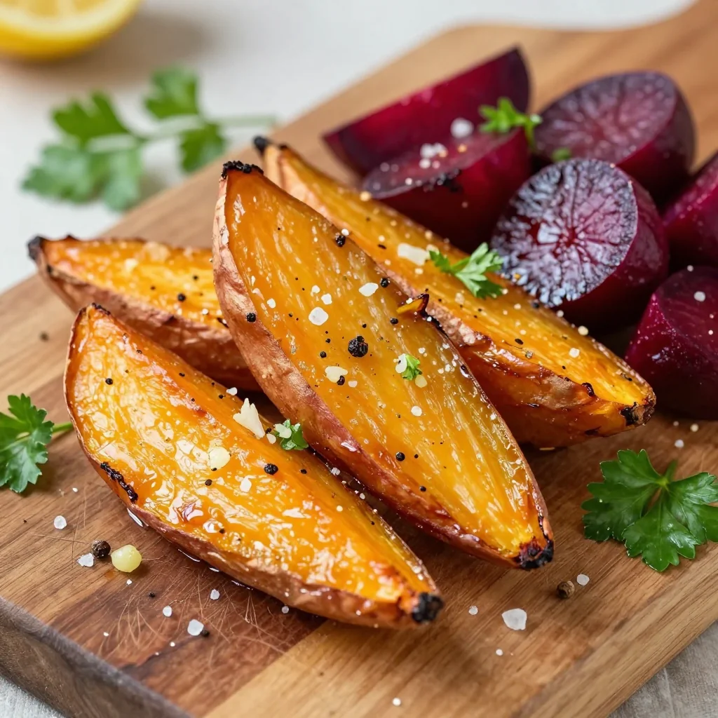warm garlic and lemon roasted sweet potatoes with roasted beets for cozy meals