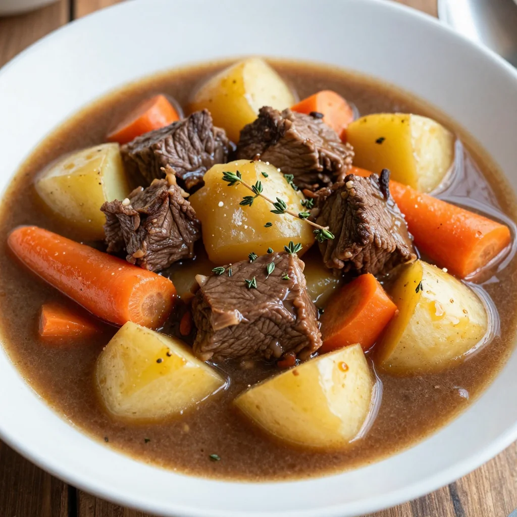 slow cooker beef and potato stew with carrots and fresh thyme