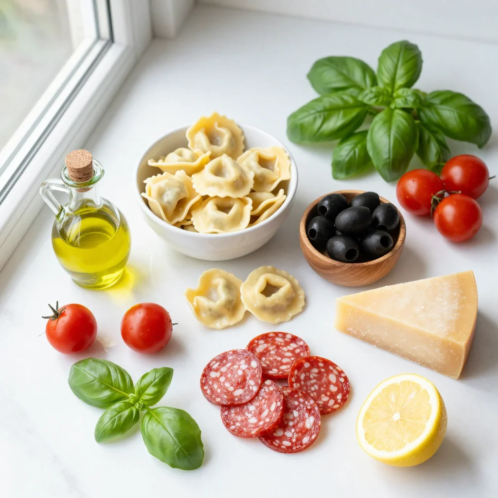 All ingredients for Tortellini Antipasto Salad with Pepperoni and Olives
