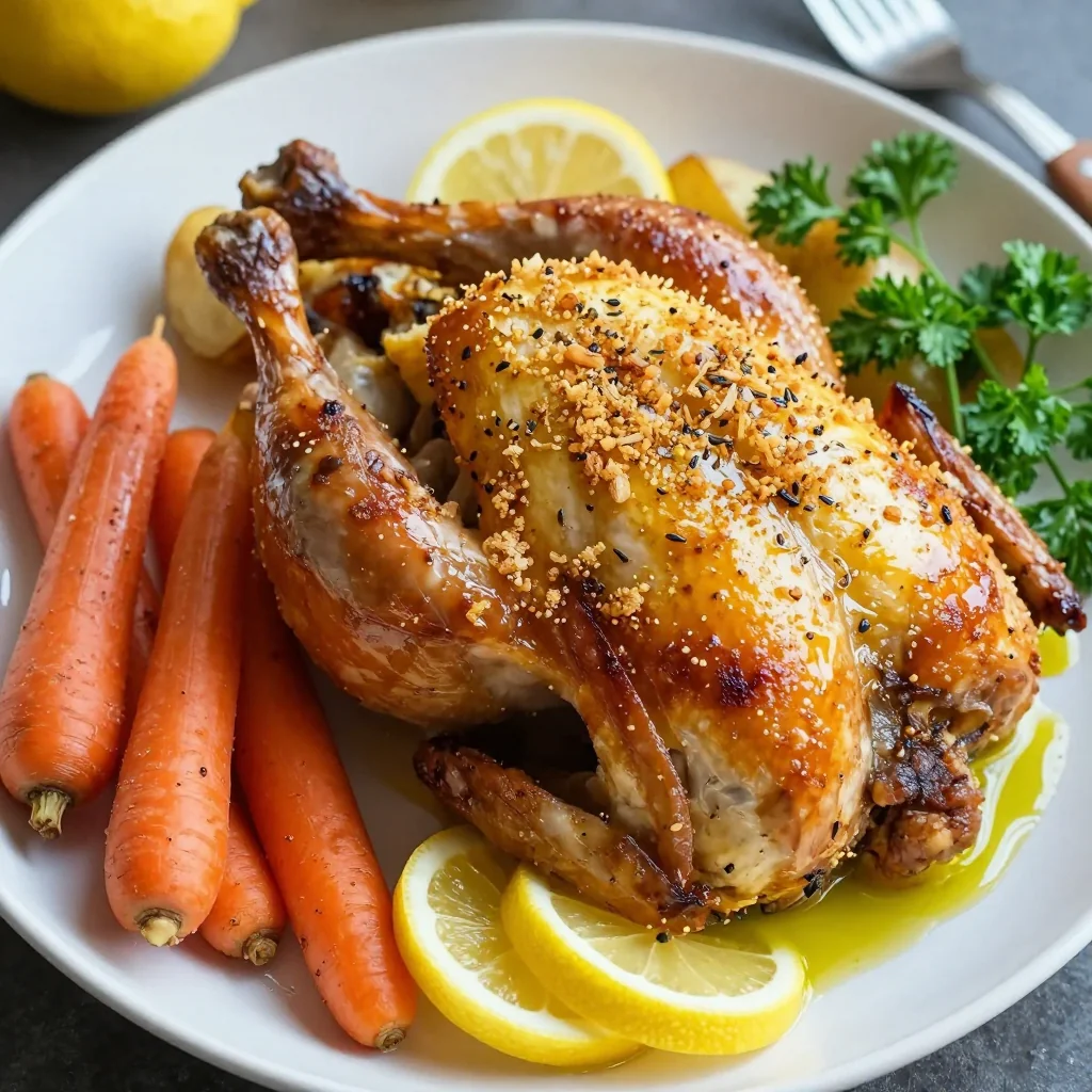 fresh lemon and herb roasted chicken with winter carrots and potatoes