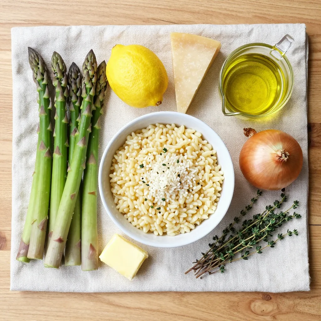 All ingredients for Asparagus Risotto with Lemon and Parmesan
