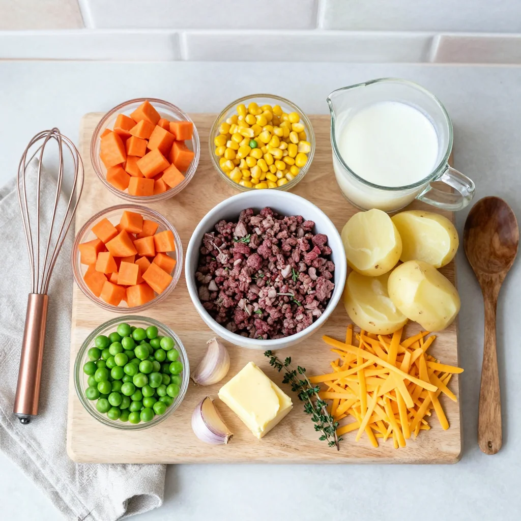 All ingredients for Shepherd's Pie with Cheesy Mashed Potatoes