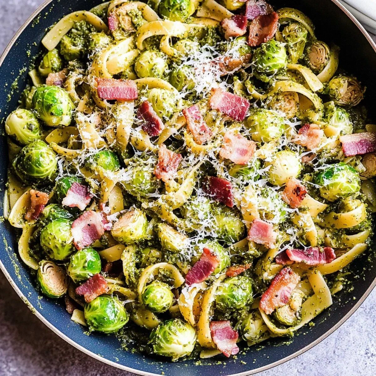 Easy Brussels Sprouts and Bacon Pesto Pasta in Just 30 Minutes