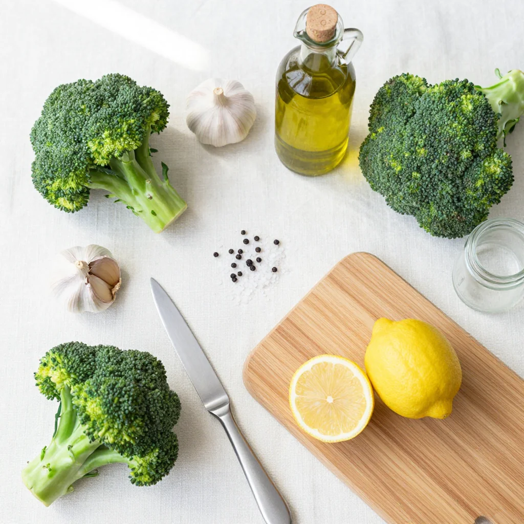 All ingredients for Roasted Broccoli with Garlic neatly arranged on a wooden board