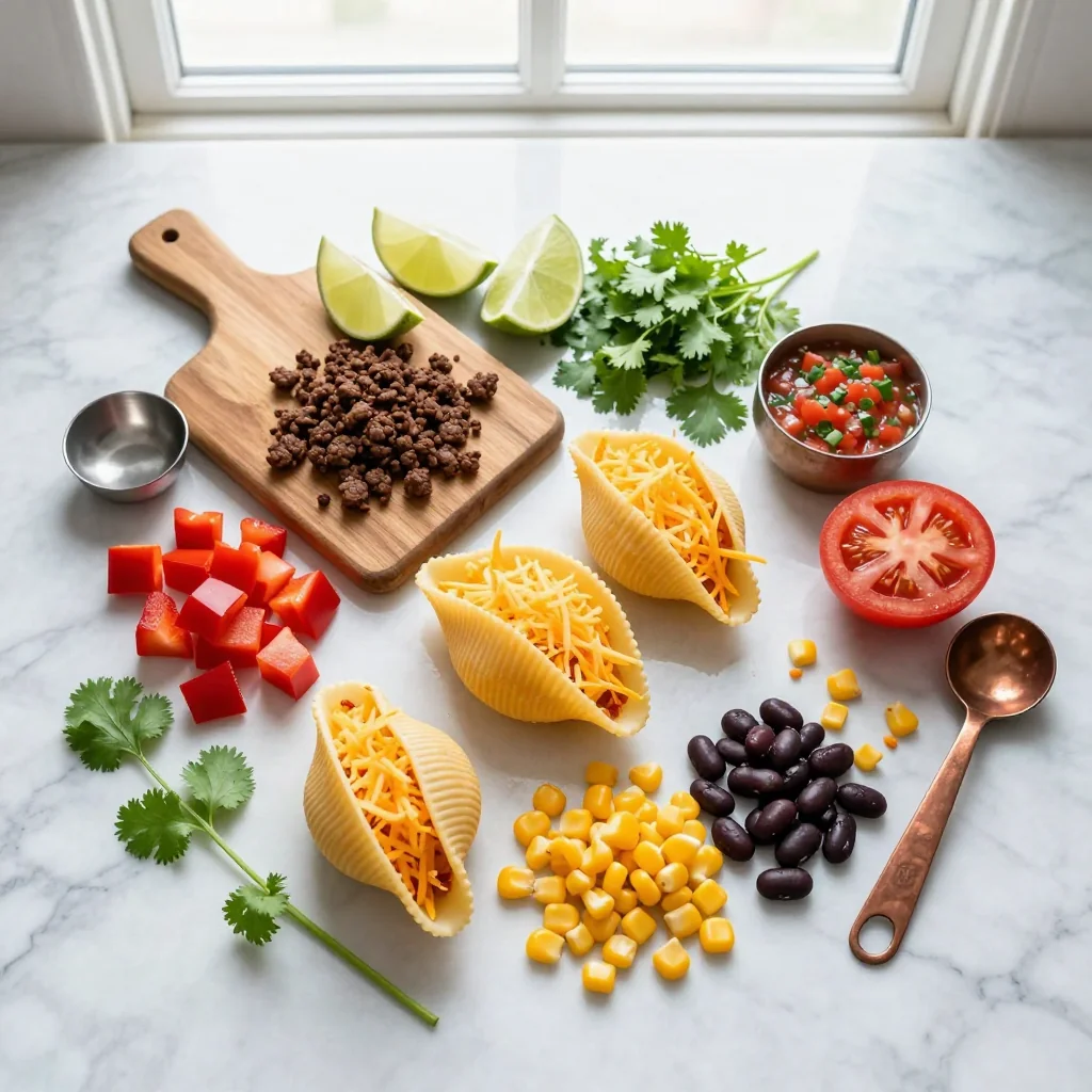 All ingredients laid out for Taco Stuffed Pasta Shells with Cheddar