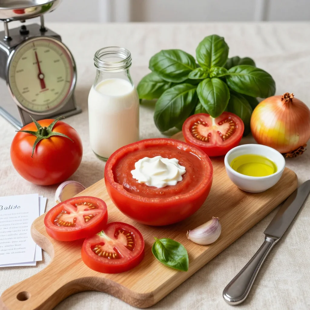 All ingredients for Tomato Basil Soup Creamy with Heavy Cream