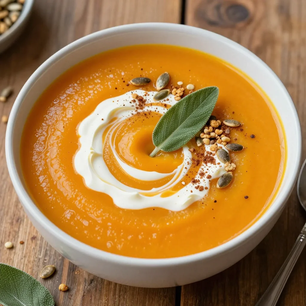 warm spiced pumpkin soup with toasted pepitas and cream for holiday meals