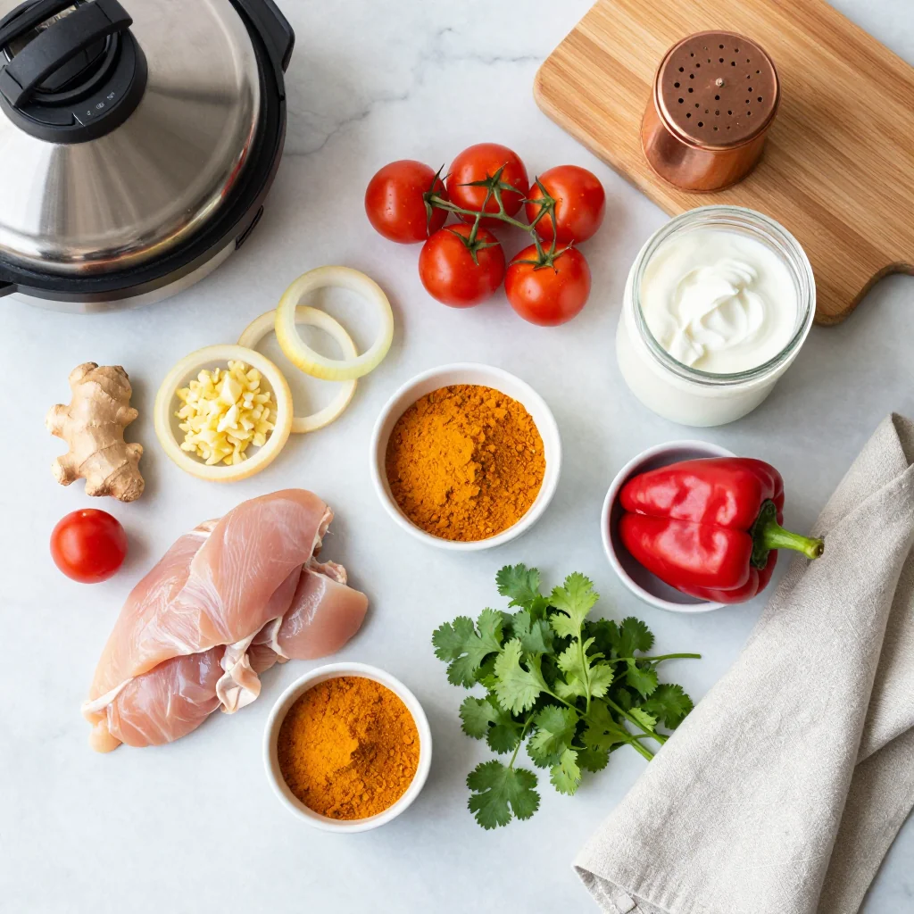 All ingredients for Chicken Tikka Masala Instant Pot displayed on a wooden board