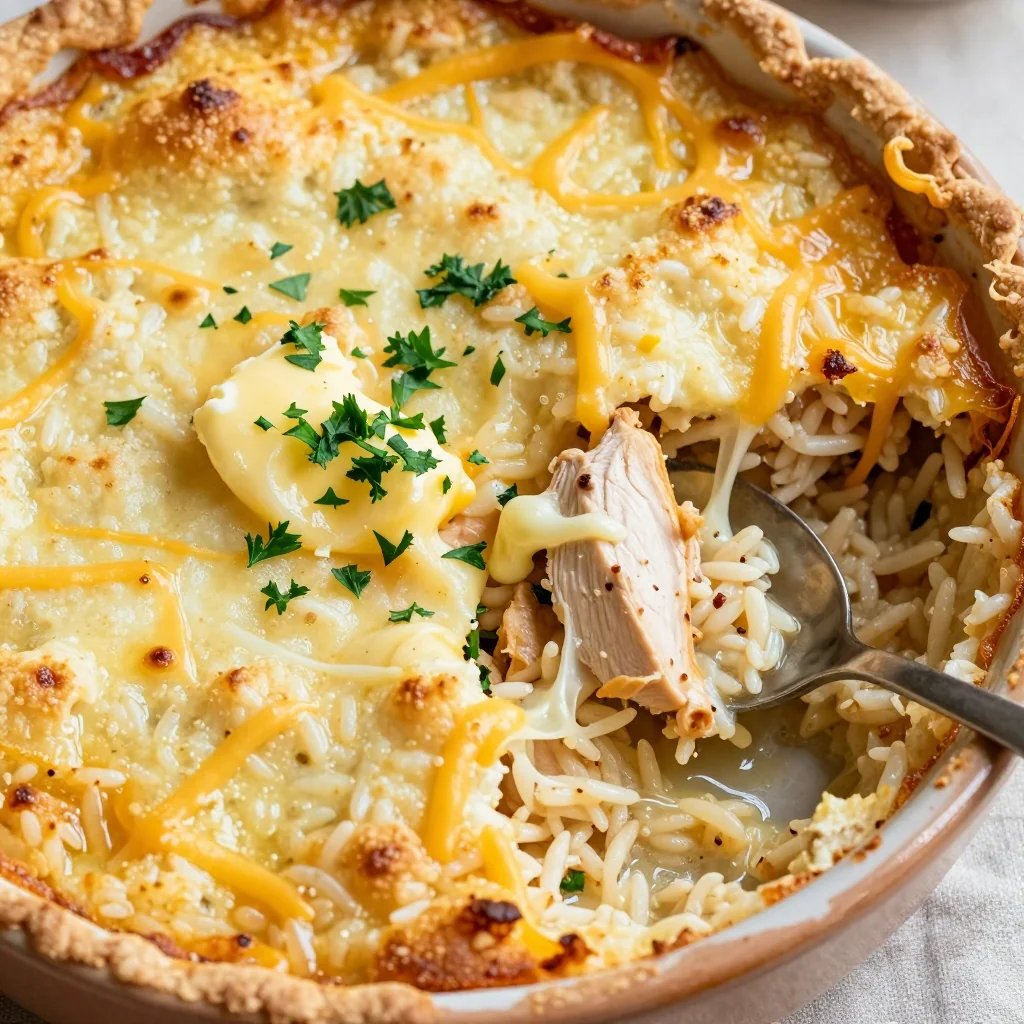 Cheesy Chicken and Rice Casserole with a Biscuit Crust