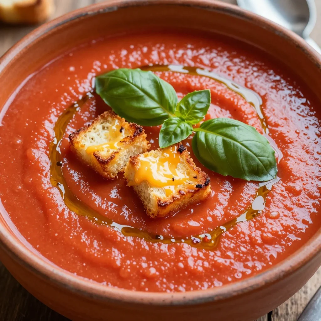Cozy Creamy Tomato Basil Soup With Grilled Cheese Croutons
