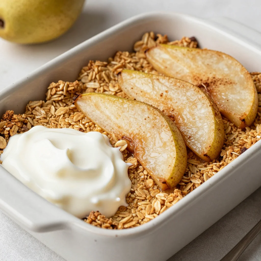 Warm Spiced Pear and Oat Breakfast Crumble Using Pantry Spices