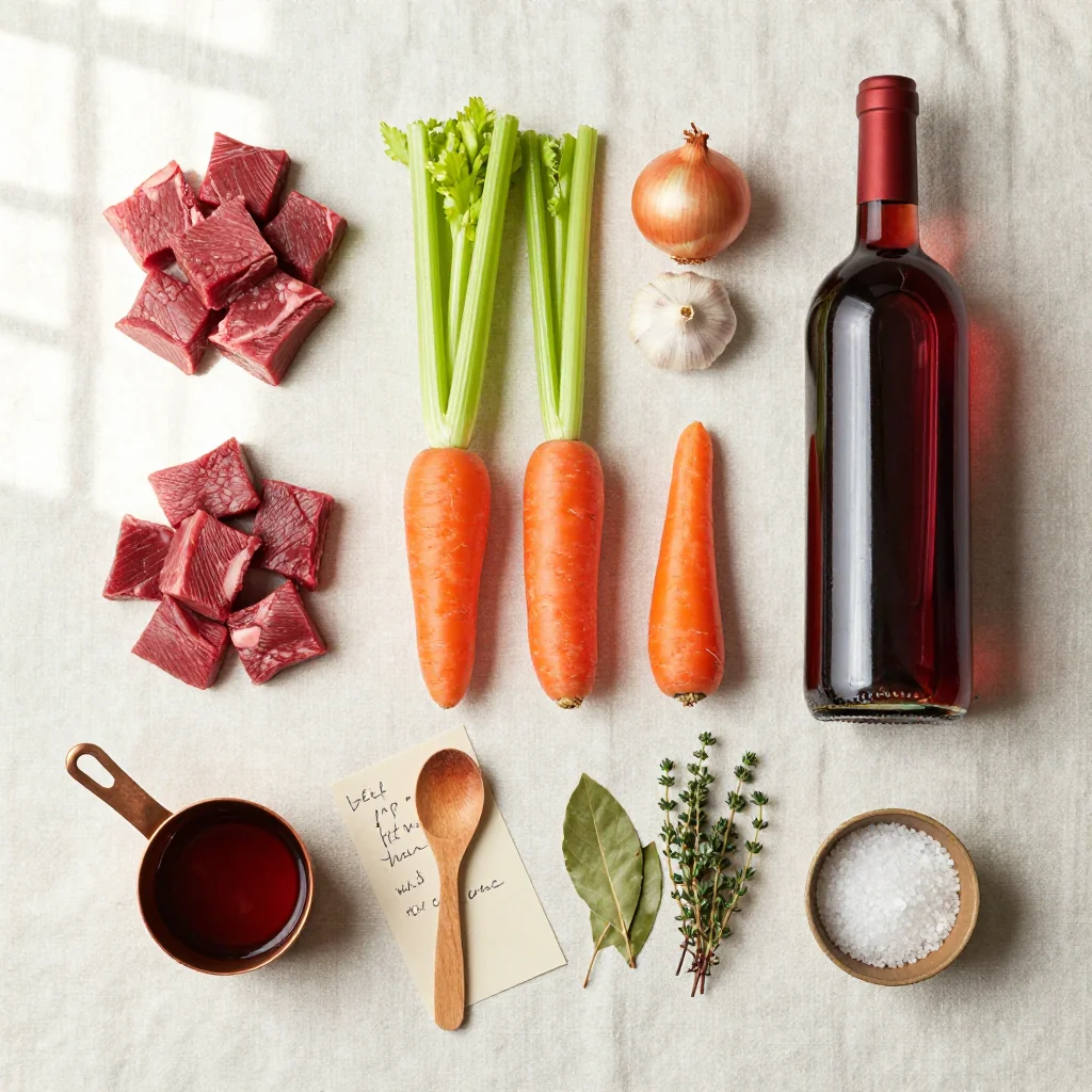 All the ingredients laid out for Beef Stew with Red Wine