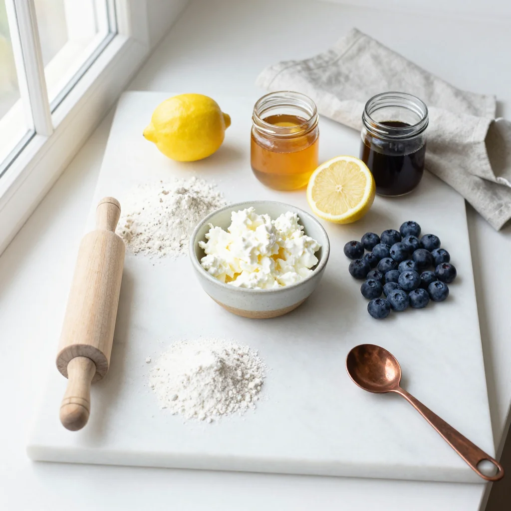 All ingredients for Lemon Ricotta Pancakes with Fresh Blueberry Syrup