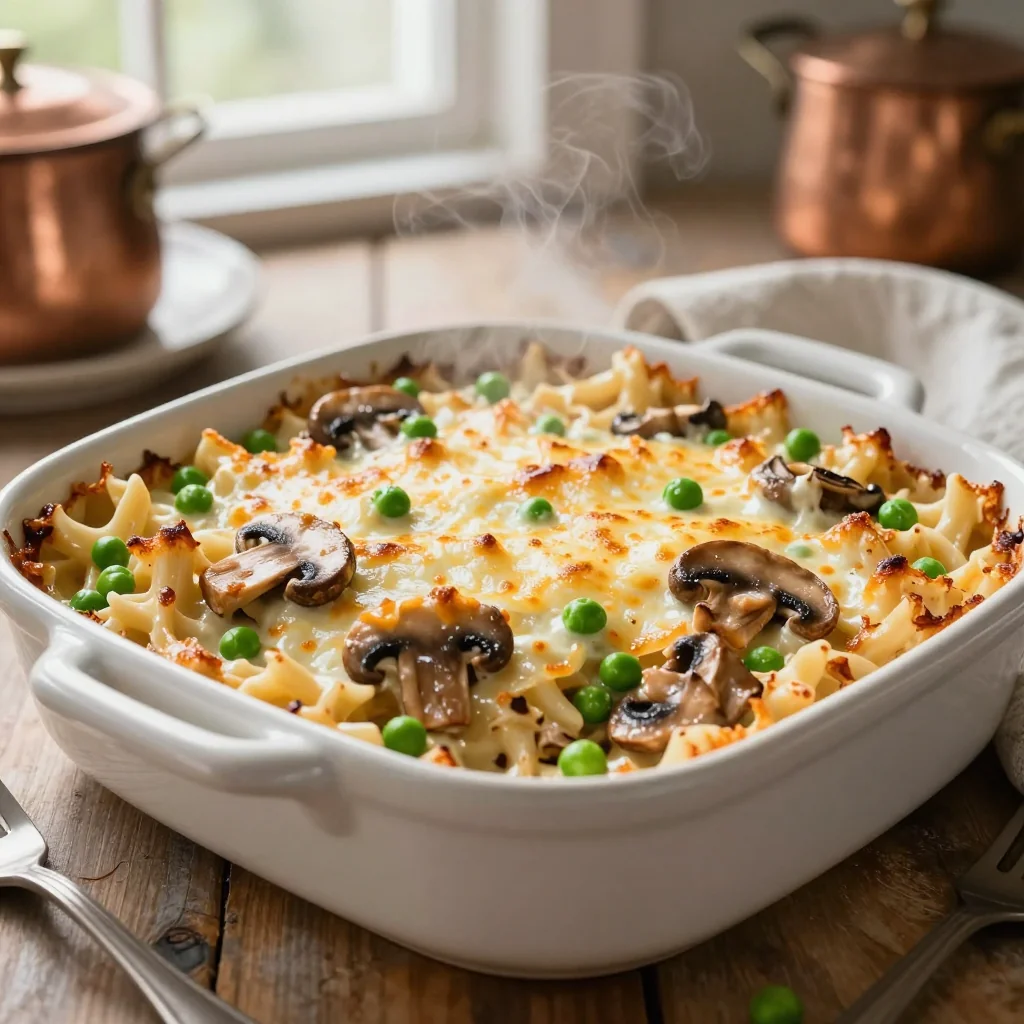 Chicken Tetrazzini Casserole with Mushrooms and Peas