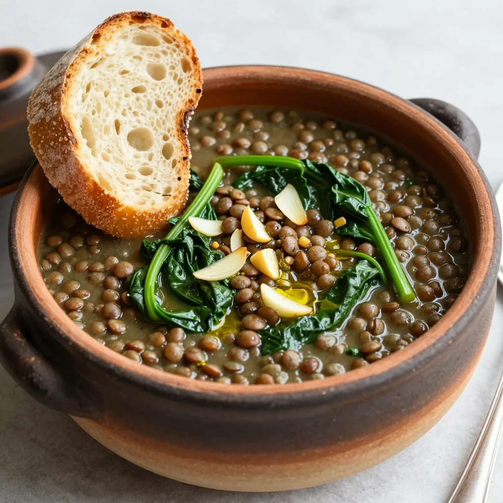 warm onepot lentil and spinach soup with garlic for family dinners