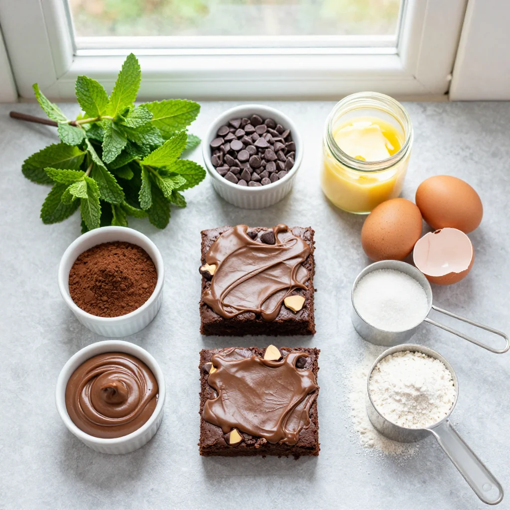 All ingredients for Mint Chocolate Chip Brownies with Fudge Frosting