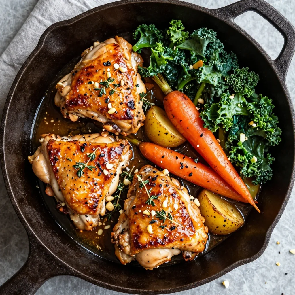 onepot garlic and thyme chicken with kale and root vegetables