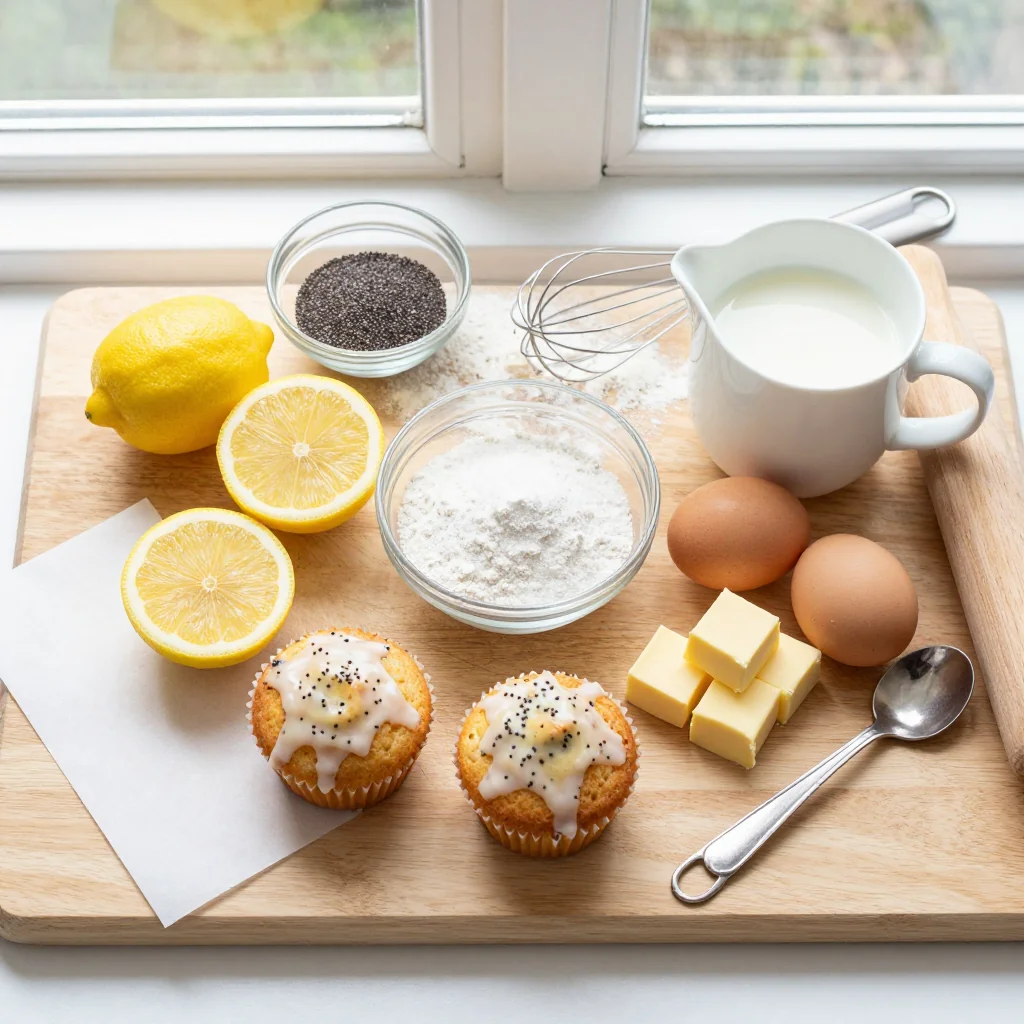 All ingredients laid out for Lemon Poppy Seed Muffins with Glaze