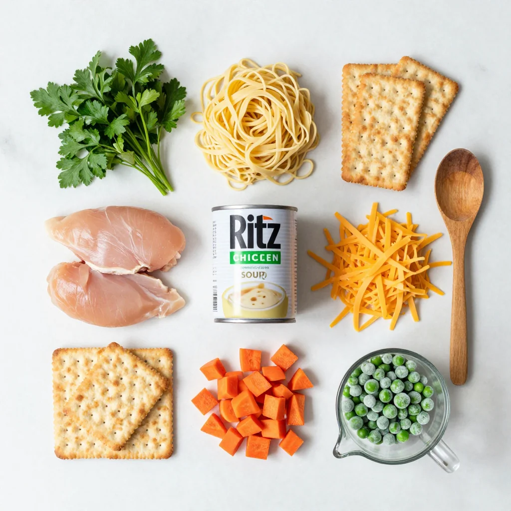 All ingredients for Chicken Noodle Casserole with Ritz Crackers