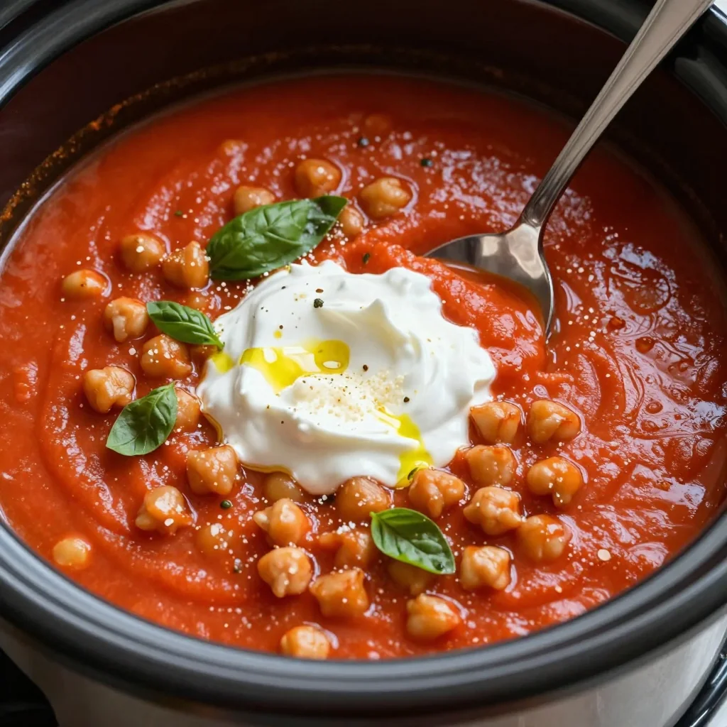 High Protein Slow Cooker Creamy Tomato Soup with Chickpeas