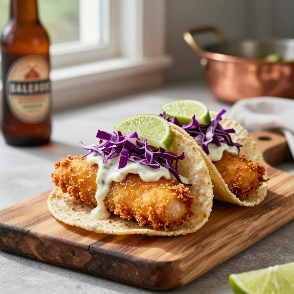 Beer Battered Fish Tacos with Creamy Slaw