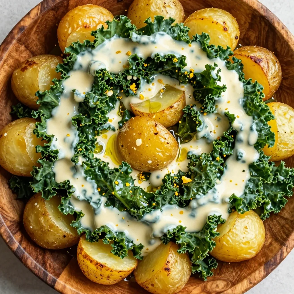 creamy garlic and lemon roasted kale with potatoes for family dinners
