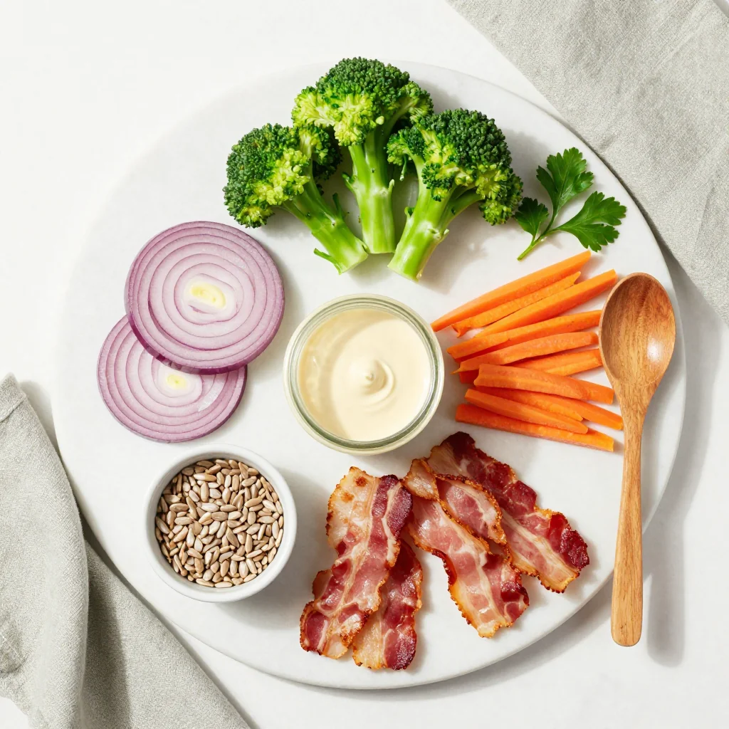 All ingredients for Broccoli Salad with Sunflower Seeds and Bacon