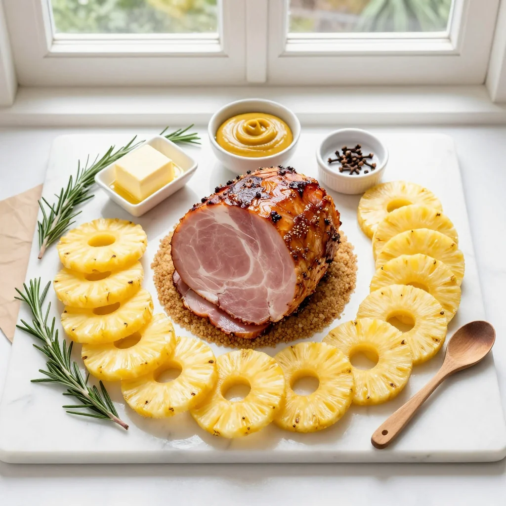 All ingredients for Glazed Ham with Brown Sugar and Pineapple Rings