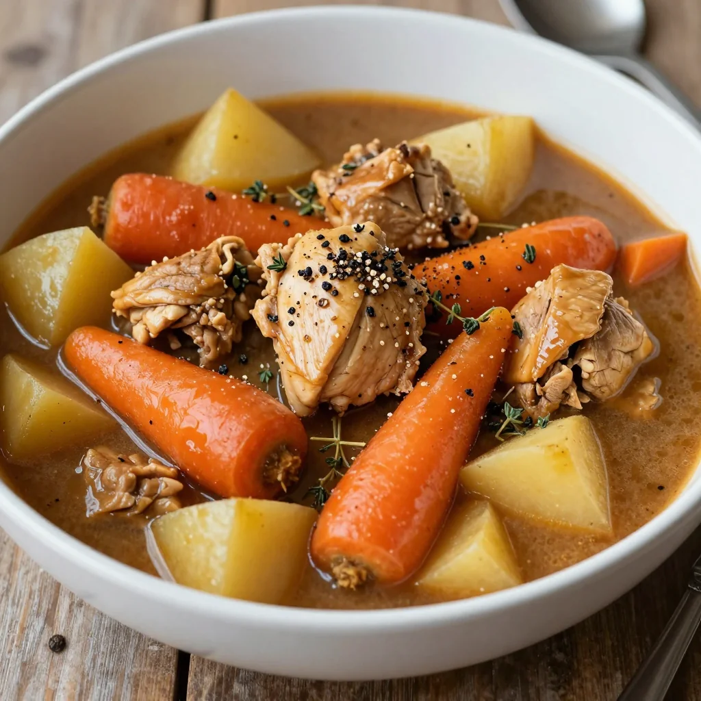batch cooked slow cooker chicken and root vegetable stew for easy meals