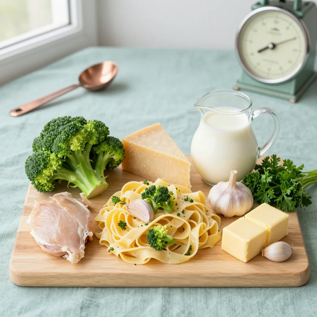 All ingredients laid out for Chicken Alfredo with Broccoli
