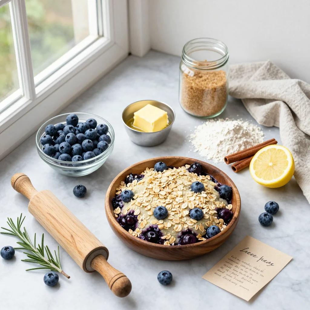 All ingredients for Blueberry Cobbler with Oats Topping arranged on a wooden board