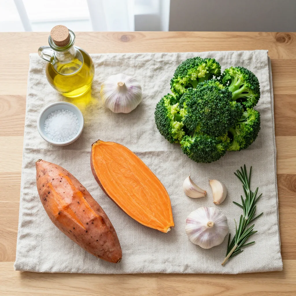 All ingredients laid out for Roasted Sweet Potatoes and Broccoli with Garlic