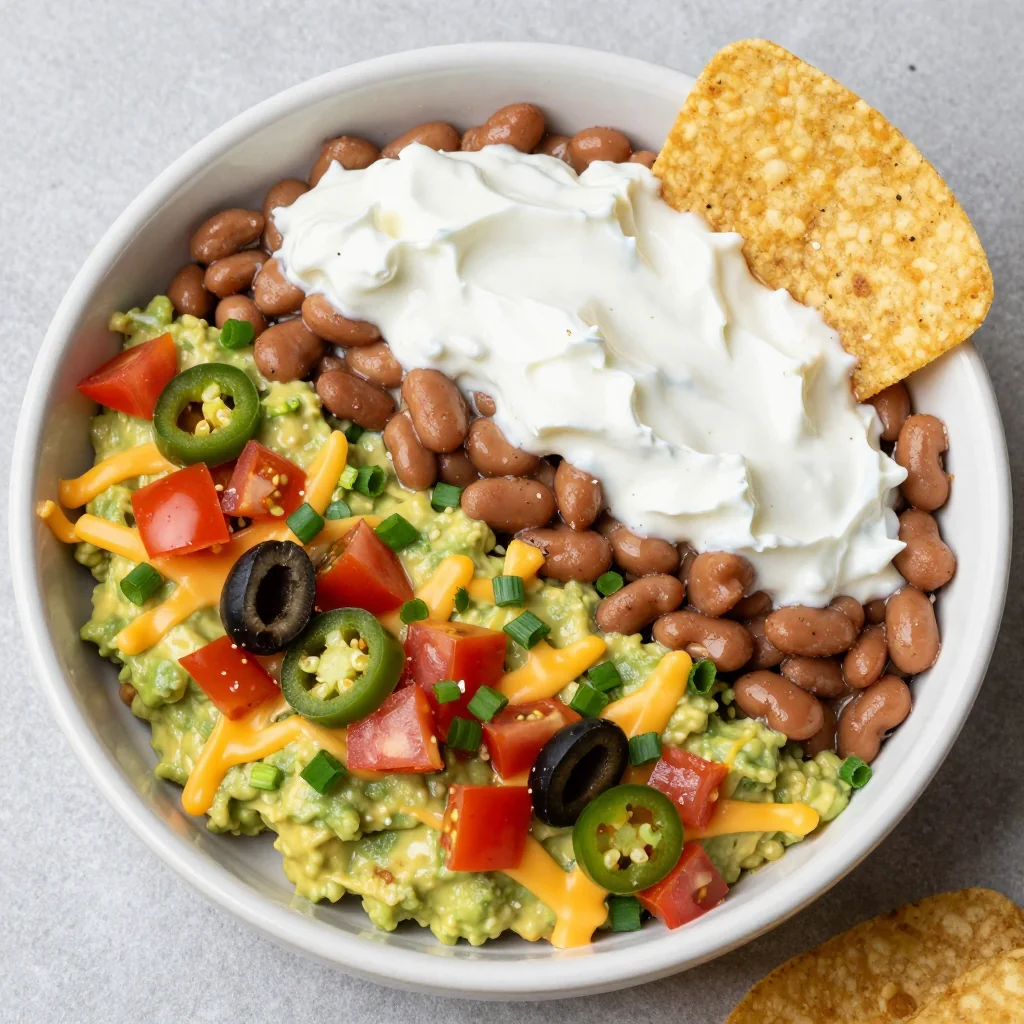 Game Day Seven Layer Dip with Greek Yogurt Refried Beans