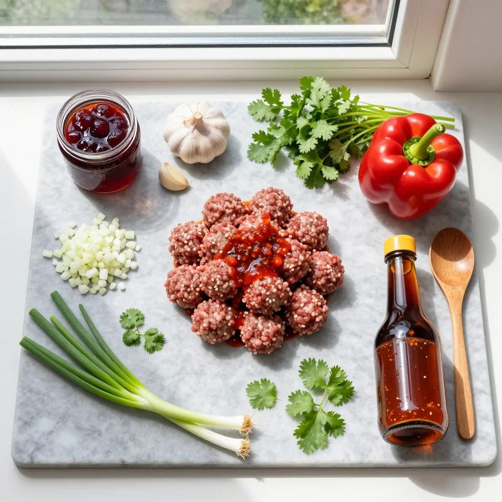 All ingredients for Crockpot Meatballs with Grape Jelly and Chili Sauce