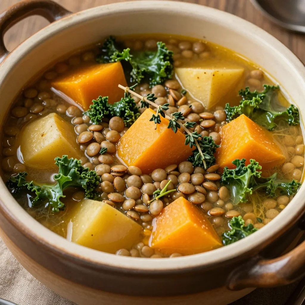 hearty onepot lentil soup with kale potatoes and winter squash