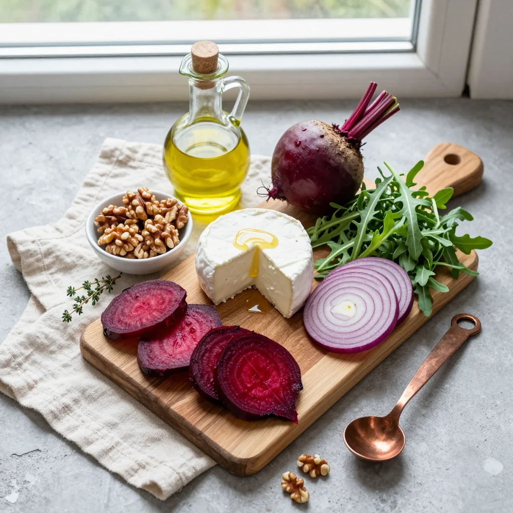 All ingredients for Roasted Beet and Goat Cheese Salad with Walnuts