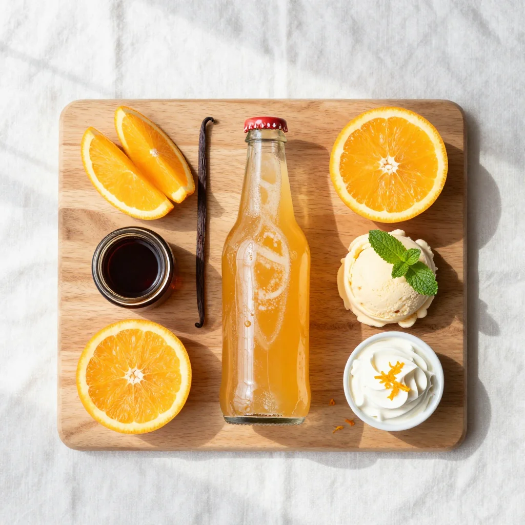 All ingredients for Orange Creamsicle Float neatly arranged on a countertop