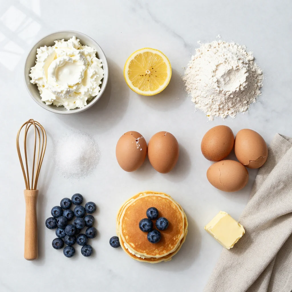 All ingredients for Lemon Ricotta Pancakes with Blueberries neatly arranged on a wooden countertop