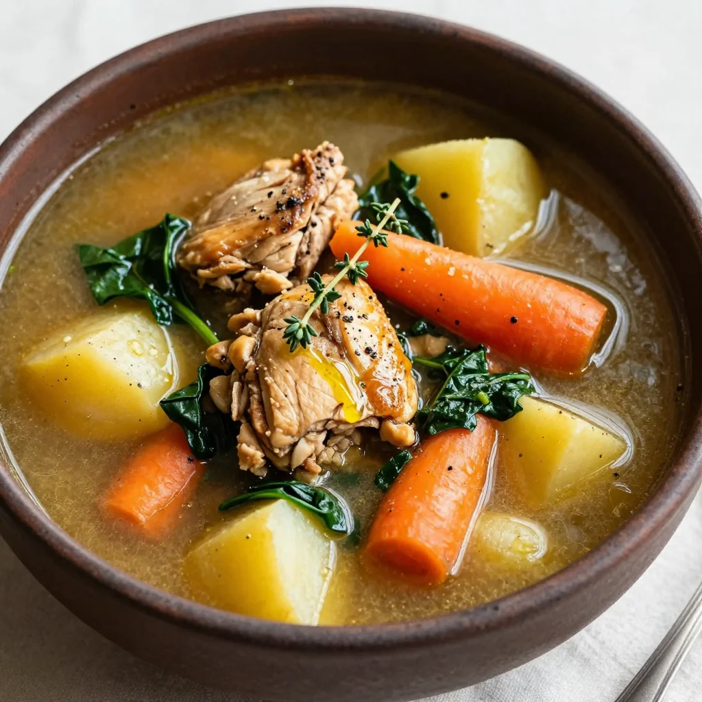 cozy slow cooker chicken and root vegetable soup with spinach