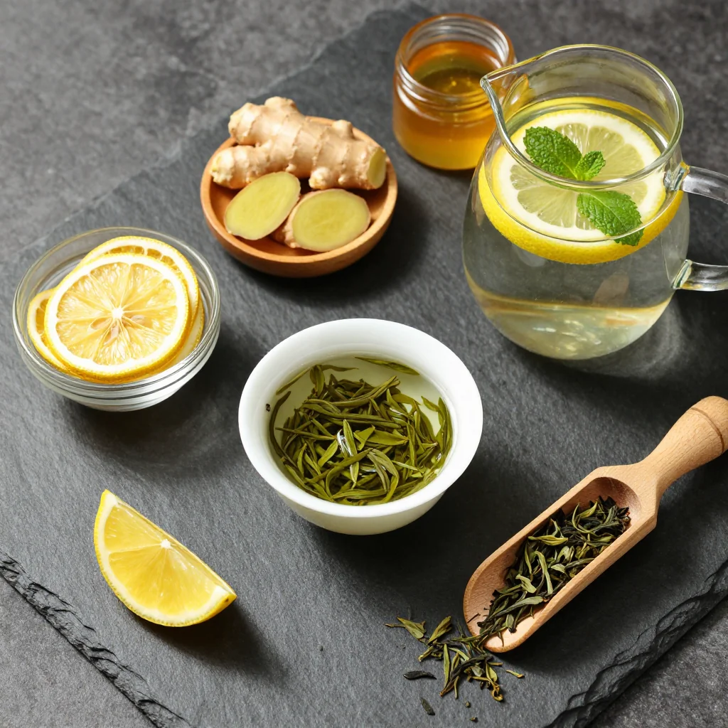 Fresh green tea leaves, vibrant lemons, ginger, and mint arranged on a wooden cutting board with winter sunlight streaming across