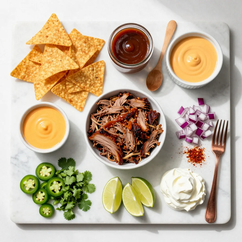 All ingredients for BBQ Pulled Pork Nachos with Cheese Sauce