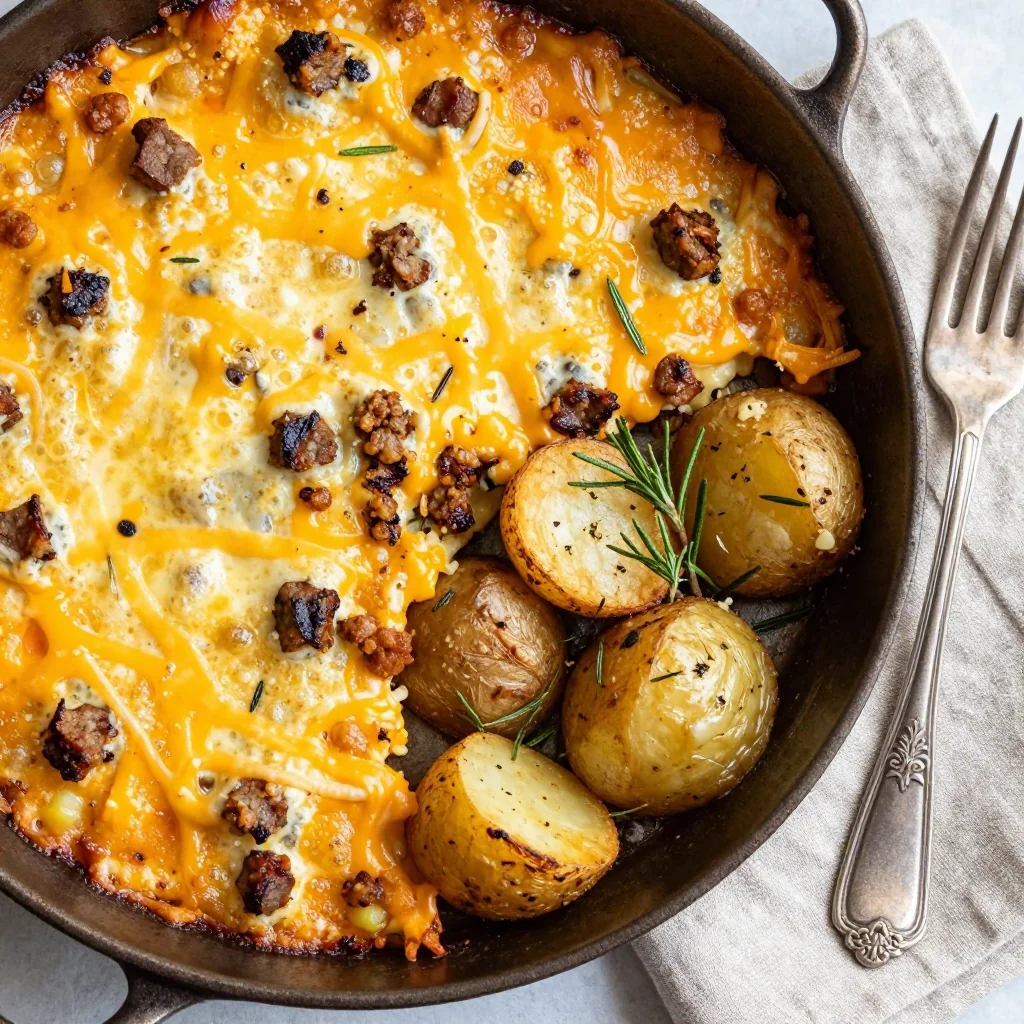 sausage and cheese breakfast casserole with herb roasted potatoes