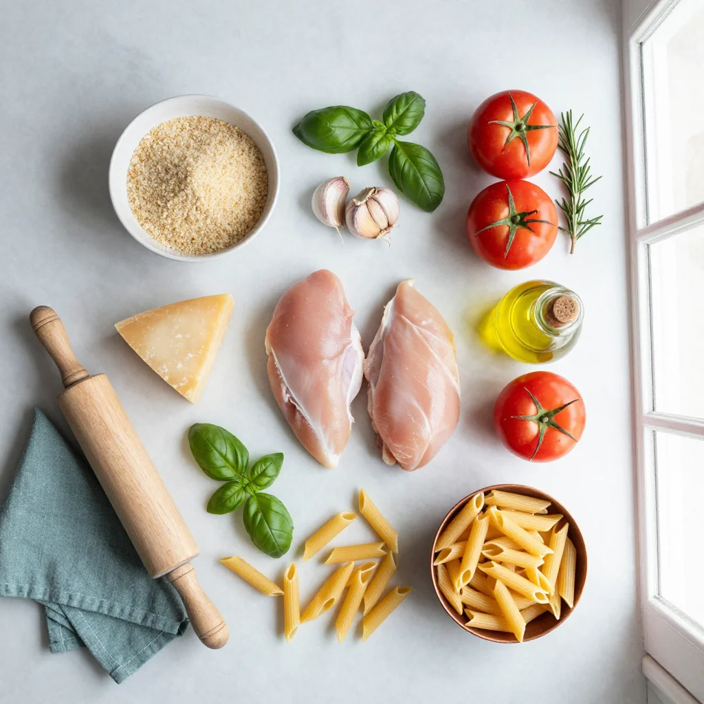 All ingredients for Chicken Parmesan with Penne Pasta