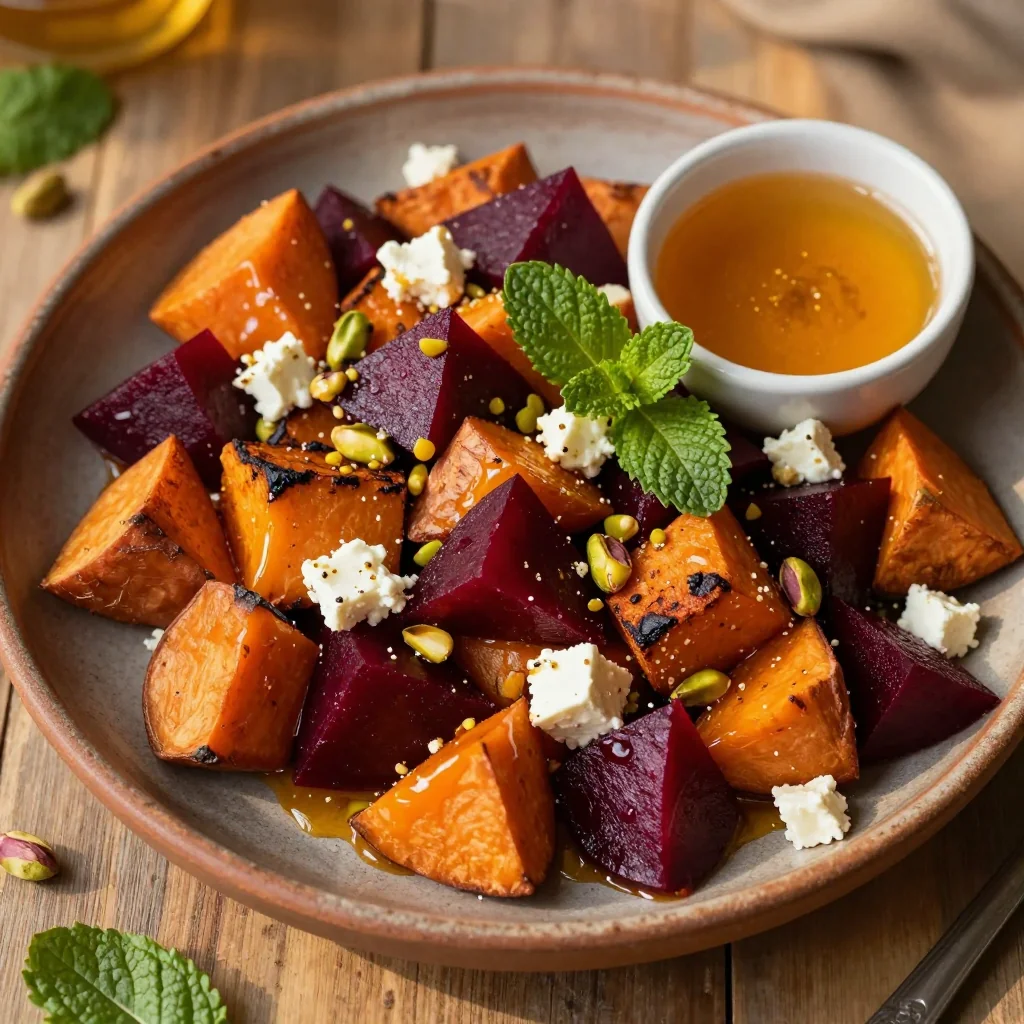 warm sweet potato and beet salad with orange vinaigrette dressing