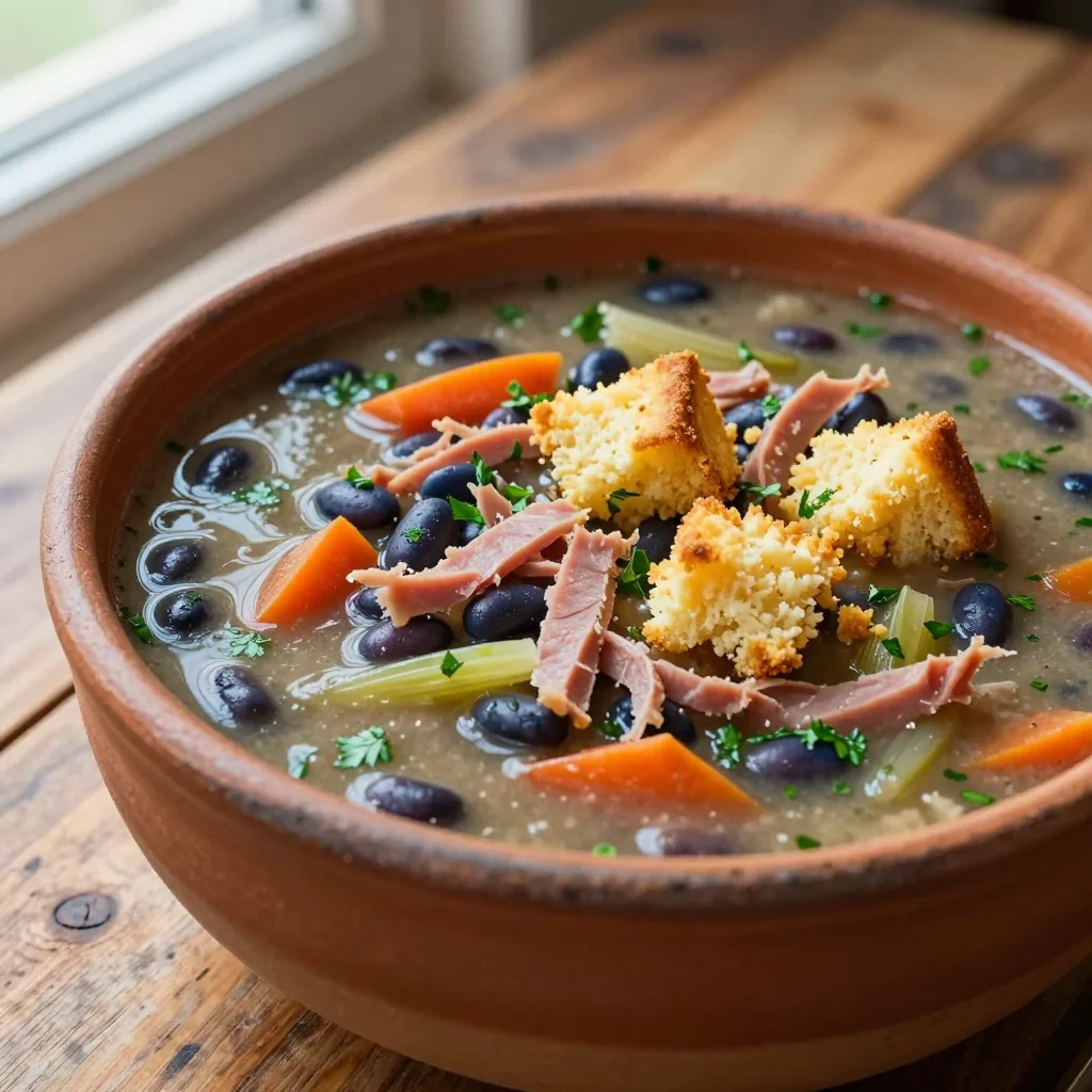Cozy Ham and Bean Soup with Cornbread Crumbles