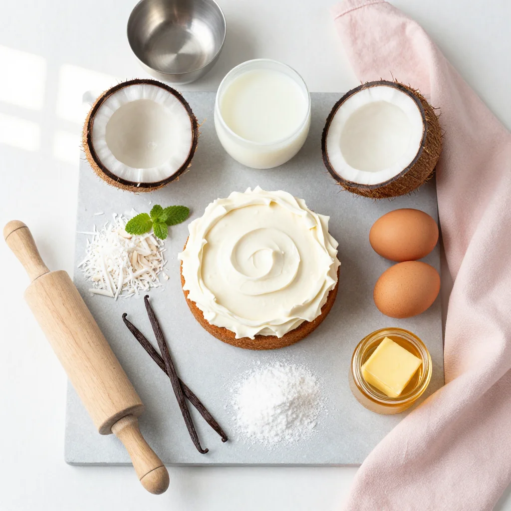 All ingredients for Coconut Cake with Cream Cheese Frosting