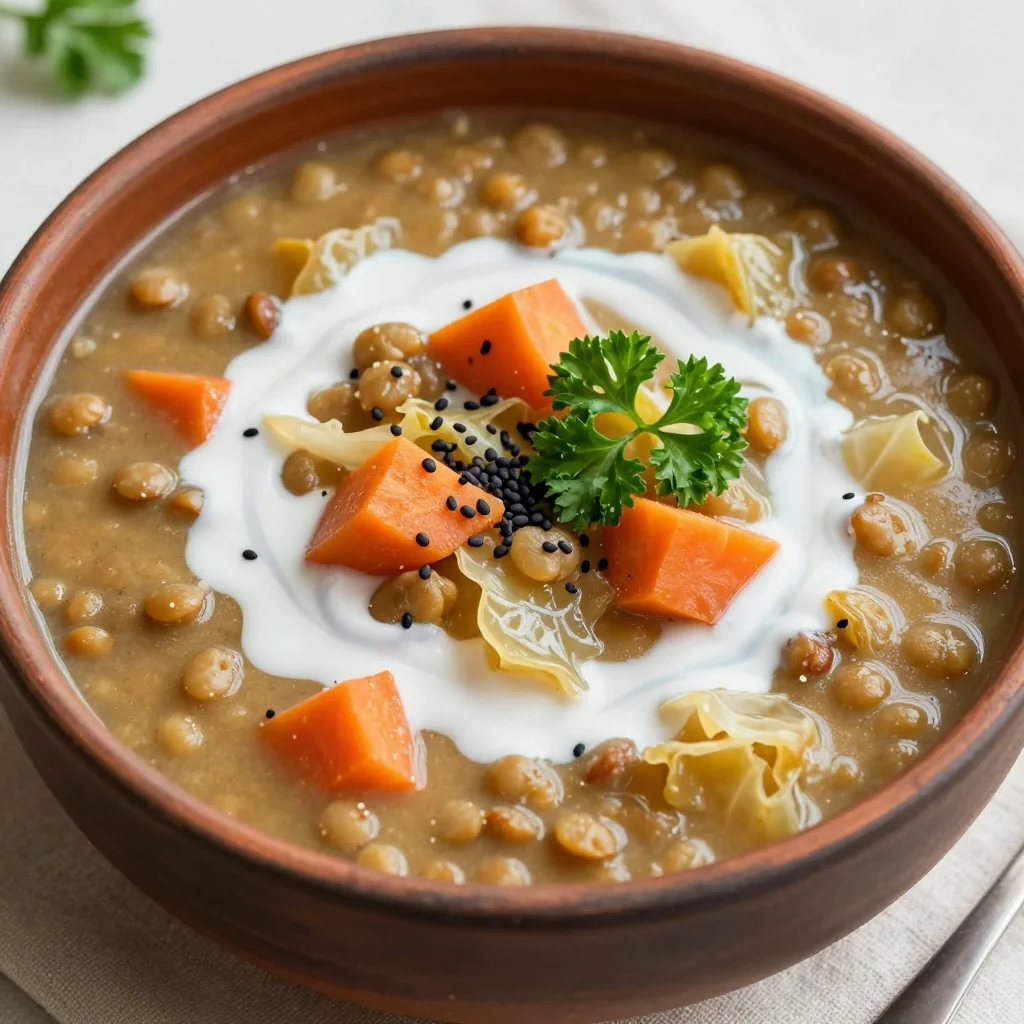 onepot high protein lentil soup with cabbage and root vegetables