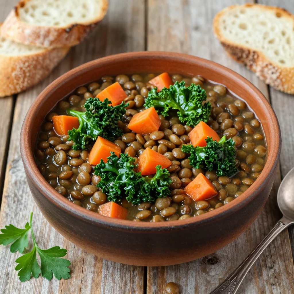 batchcooked lentil and kale stew with carrots for easy family dinners