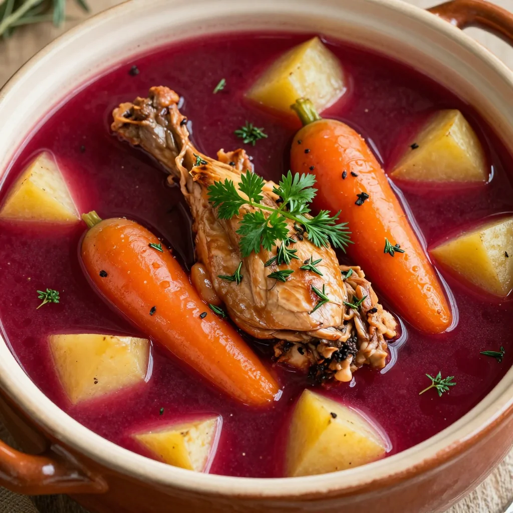 slow cooker turkey and beet stew with winter vegetables and herbs