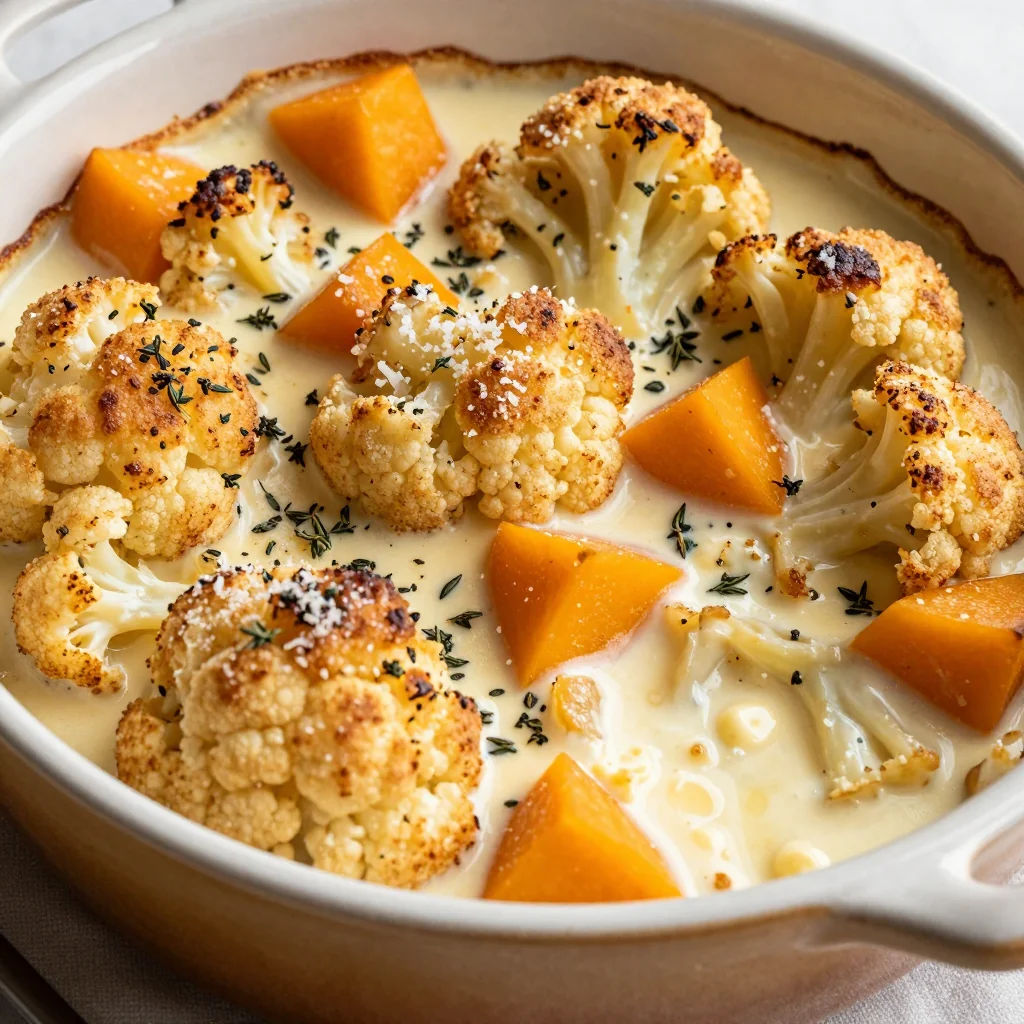 creamy garlic roasted cauliflower and winter squash casserole for dinner